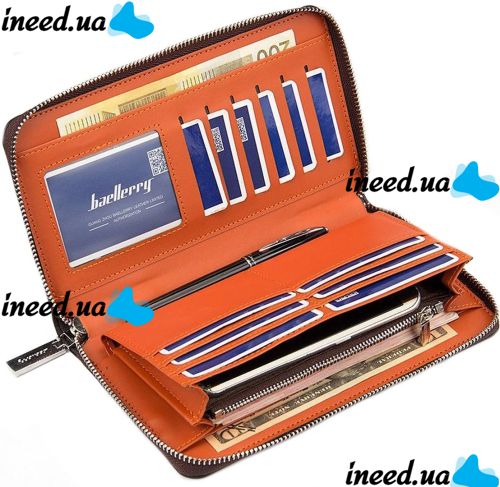 Мужской кошелек клатч Baellerry Leather Model 1 W009 Orange с отделением для телефона, Мужское портмоне на 21 отделений для купюр Оранжевый