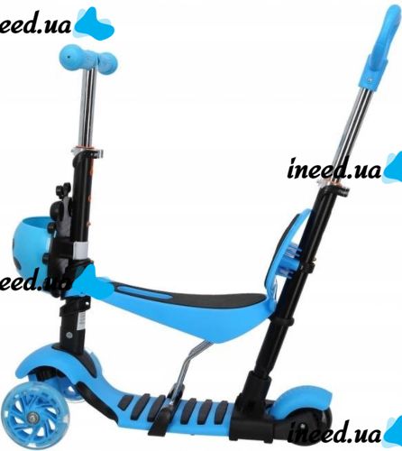 Трехколесный детский самокат беговел Scooter FYS-2864 Blue 5 в 1 со складным сиденьем, родительской ручкой и светящимися колесами для детей Голубой