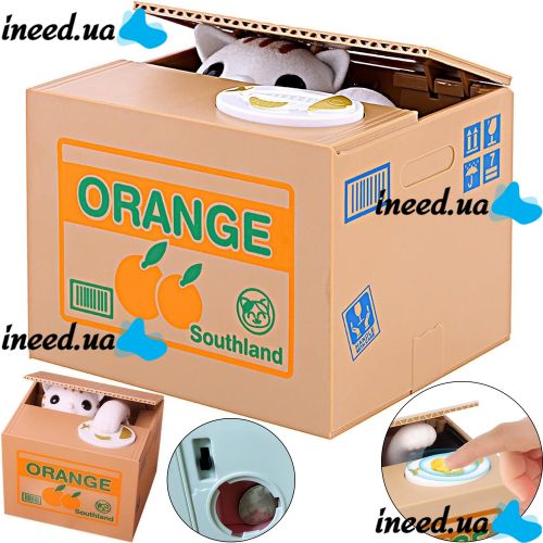 Детская интерактивная копилка Хитрый котик Mischief Saving Box на батарейках Копилка-сейф для денег кот воришка в коробке забирает монетку лапой