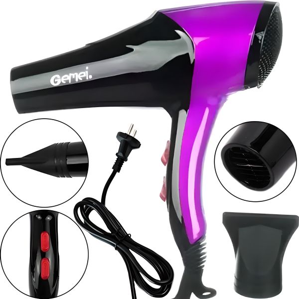 Professional Hair Dryer for styling and Drying Gemei GM-1766 with 2600W Concentrator, Electric Hair Dryer with Cold Blowing and Nozzle Purple
