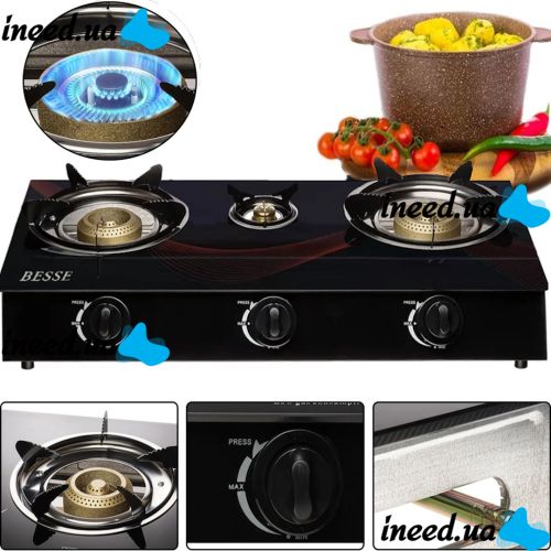Table gas taganok Besse F-1 with 3 burners, Glass three-burner gas stove with piezo ignition, Gas Hob Black