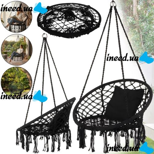 Подвесное кресло-качалка Outtec Boho XXL O-66487 120x80x60 см плетеная садовая качеля, бразильский гамак для дома и террасы до 150 кг Черный