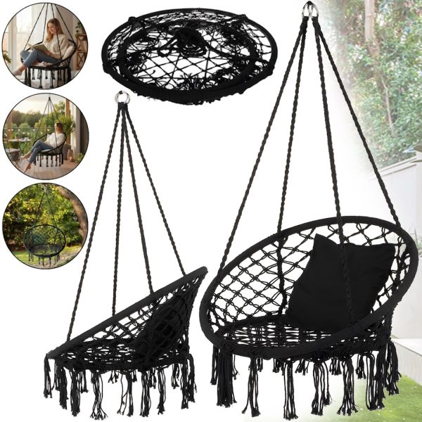 Підвісне крісло-гойдалка Outtec Boho XXL O-66487 120x80x60 см плетена садова гойдалка, бразильський гамак для дому та тераси до 150 кг Чорний