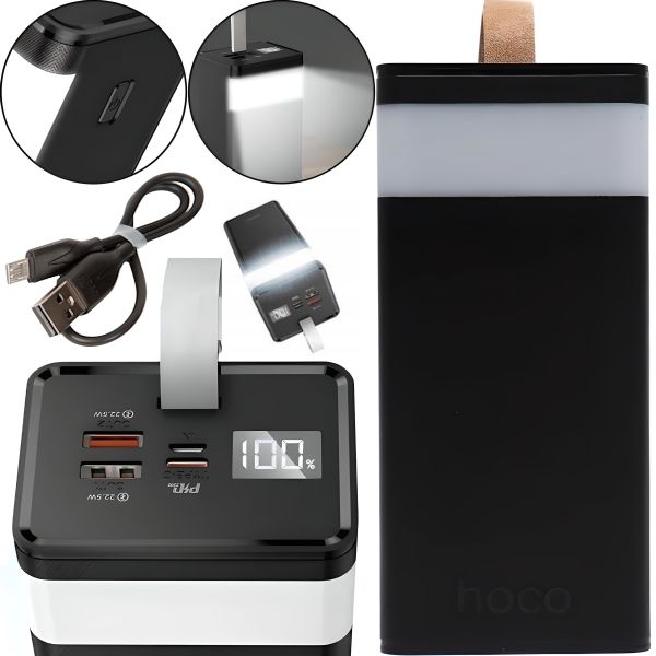 Внешний аккумулятор с быстрой зарядкой Power Bank Hoco J86 40000mAh 22.5W, Портативная батарея повербанк Хоко 18W с фонариком и ремешком Черный