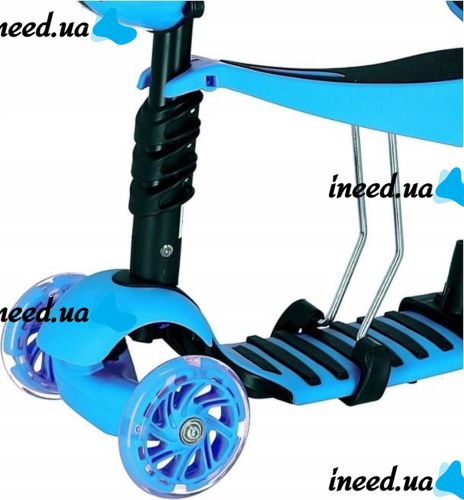 Трехколесный детский самокат беговел Scooter FYS-2864 Blue 5 в 1 со складным сиденьем, родительской ручкой и светящимися колесами для детей Голубой
