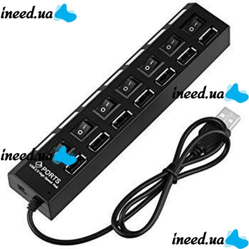 USB хаб Memos 7SW на 7 портов USB 2.0 Black, разветвитель с кнопками on off HUB Черный 