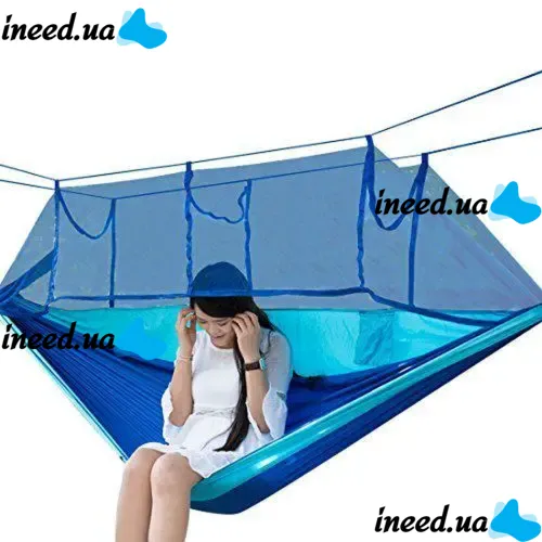 Подвесной туристический нейлоновый гамак Hammock With Net Blue до 200 кг с москитной сеткой для кемпинга, Походный гамак 263х135 Синий