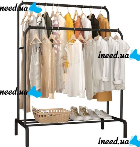 Двойная стойка вешалка Double Floor Hanger 162х130 см для одежды и полкой для обуви, напольная стойка-вешалка со штангой на ножках до 30 кг Черная