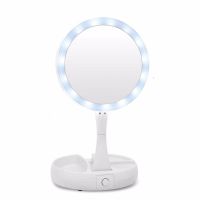 Desktop Round Cosmetic Mirror with LED Backlight My Fold Away For Makeup , Folding Magnifying 10x Mirror Transformer with Organizer