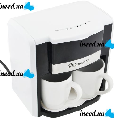 Drip coffee maker for two cups Domotec MS-0706 with 2 ceramic cups, home electric coffee machine for tea and coffee 0.3 L 500W White