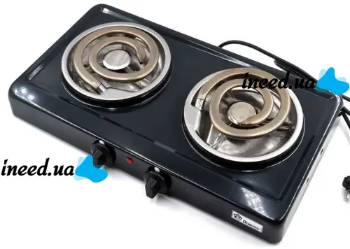 Domotec MS-5532 1000W Desktop Spiral Electric Stove with Two burners, Two-burner Electric Stove with Wide spiral and Thermostat Black