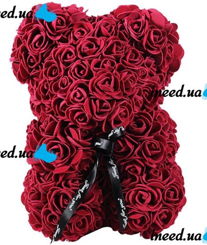 Маленький мишка из искусственных 3D роз Teddy Bear de Luxe 25 см Burgundy, бордовый медведь Тедди
