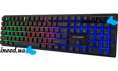 USB проводная геймерская компьютерная клавиатура Landslides KR-6300 с RGB Led подсветкой ATLANFA AT-6300, полноразмерная мембранная Черная