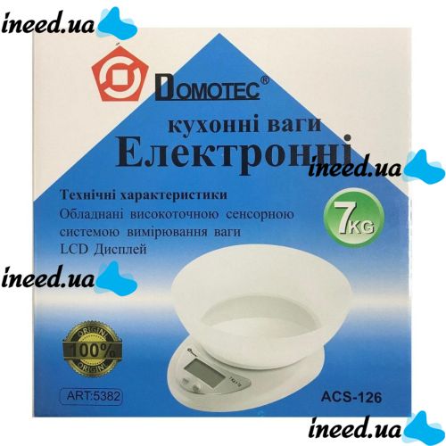 Электронные кухонные весы Domotec MS-126 с чашей до 7 кг ACS-126 / Matarix MX-407, Кулинарные весы Домотек для продуктов на батарейках Белые