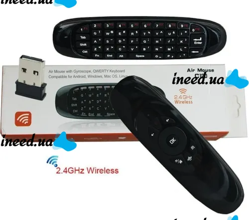 Беспроводная аэромышь C120 RuS с клавиатурой Air mouse с гироскопом, Универсальный USB пульт русская раскладка мини клавиатура на батарейках Черная
