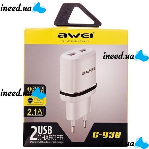 USB Сетевой адаптер Awei C-930 на  2 USB 5V, 2.1A от сети 220V