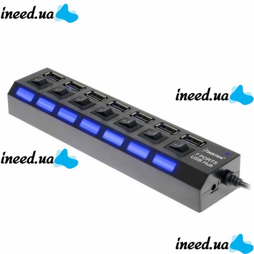 USB хаб Memos 7SW на 7 портов USB 2.0 Black, разветвитель с кнопками on off HUB Черный 