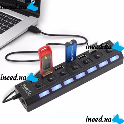 USB хаб Memos 7SW на 7 портов USB 2.0 Black, разветвитель с кнопками on off HUB Черный 
