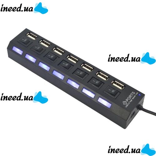 USB хаб Memos 7SW на 7 портов USB 2.0 Black, разветвитель с кнопками on off HUB Черный 