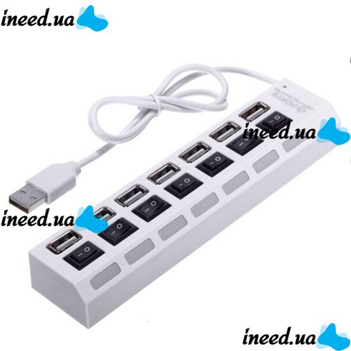 USB хаб Memos 7SW на 7 портов USB 2.0 White, разветвитель с кнопками on off HUB белый