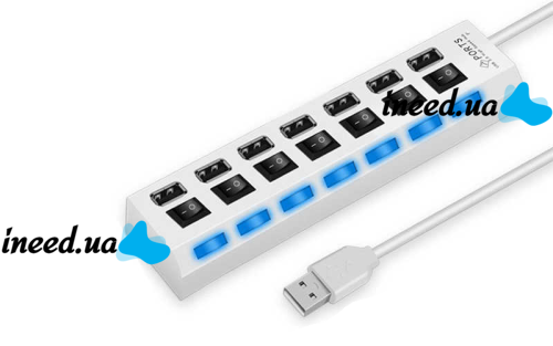 USB хаб Memos 7SW на 7 портов USB 2.0 White, разветвитель с кнопками on off HUB белый