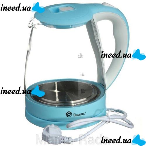 Domotec MS-8214 Sky Blue 2200W 2.2L Glass electric kettle, electric kettle with RGB color backlight