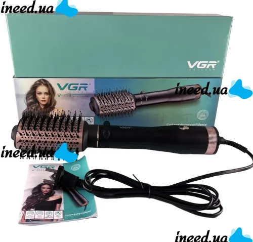 Фен щетка для сушки волос VGR V-494 2000W Black выпрямитель расческа браш с насадкой для укладки завивки и выпрямления электрическая фен-щетка Черная