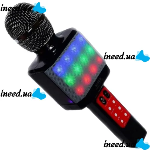 Беспроводной караоке микрофон WSTER WS-1828 Bluetooth USB AUX FM со встроенной колонкой и 4 тембрами голоса на аккумуляторе с динамиком WS1828 Черный
