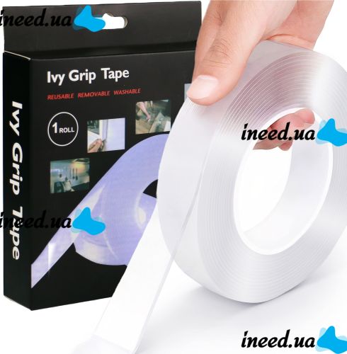 Многоразовая сверхпрочная крепежная гелиевая лента Ivy Grip Tape 5 м, Сверхсильная прозрачная двухсторонняя клейкая скотч 5 метров нано-лента