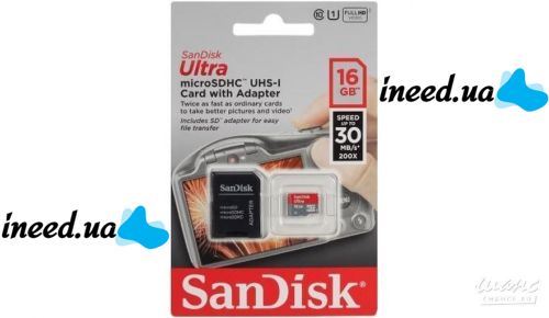 Карта памяти microSD SanDisk Ultra 16GB class 10 c переходником SDHC адаптер SDXC