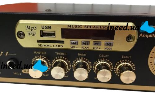 Стерео усилитель мощности звука UKC AV-121BT 200W, Пятиканальный портативный стереоусилитель с караоке на 2 микрофона, FM радио и Bluetooth USB