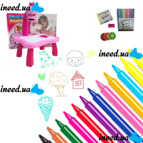 Children's Educational LED Projector for Drawing Projector Painting with Markers and a Table Set for Creativity Table with Slides Pink