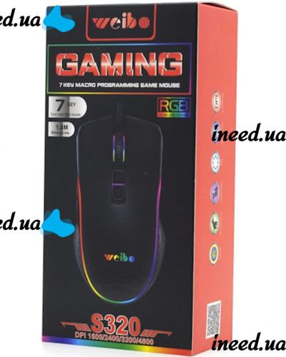Игровая проводная компьютерная мышка Weibo S320 USB 7 Кнопок с RGB подсветкой для ПК, Геймерская USB мышь 4800 DPI для компьютера и ноутбука Черная