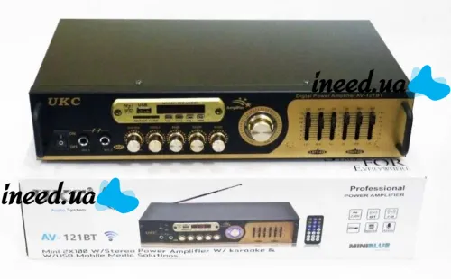 Стерео усилитель мощности звука UKC AV-121BT 200W, Пятиканальный портативный стереоусилитель с караоке на 2 микрофона, FM радио и Bluetooth USB