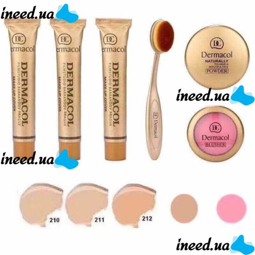 Набор тональных кремов Dermacol Make-up 6 в 1 M809 210, 211, 212 + Кисть щетка, Пудра, Румяна