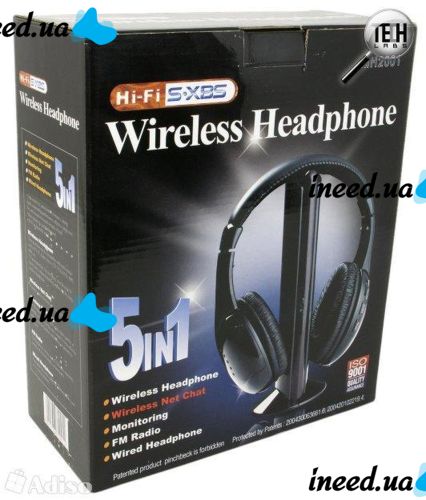 Наушники с микрофоном беспроводные 5 в 1 MH2001 Black + FM радио Wireless,  mp3 pc tv,