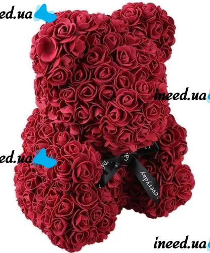 Маленький мишка из искусственных 3D роз Teddy Bear de Luxe 25 см Burgundy, бордовый медведь Тедди