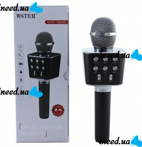 Беспроводной караоке микрофон WSTER WS-1688 Bluetooth USB AUX FM со встроенной колонкой и 5 тембрами голоса на аккумуляторе с динамиком WS1688 Черный