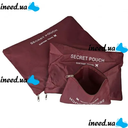 Набор дорожных сумок органайзеров Secret Pouch 6 штук Бордовые, чехлы мешки для хранения одежды в чемодане, водонепроницаемые для путешествий laundry