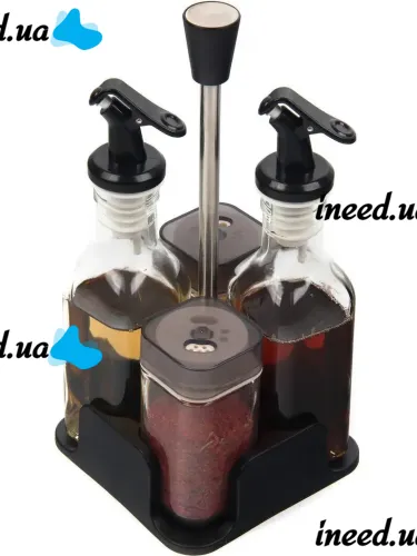 Набор кухонных емкостей Seasoning Bottle T221-3 для специй, масла и уксуса 4 емкости на подставке, Спецовница органайзер для хранения приправ Черный