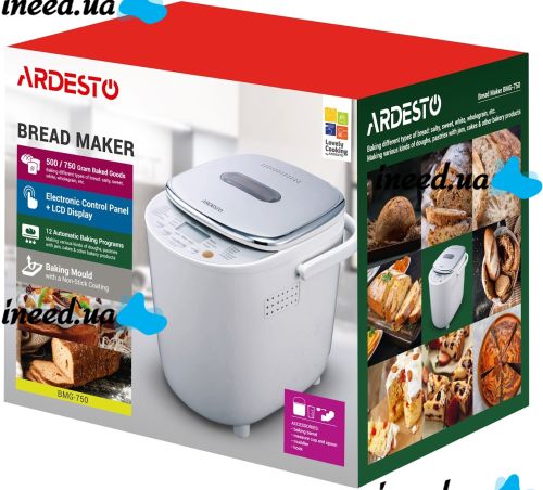 Электрическая хлебопечь Ardesto BMG-750 500W для домашнего выпекания хлеба, Хлебопечка с LCD дисплеем 12 режимов до 750 грамм от сети 220V Белая