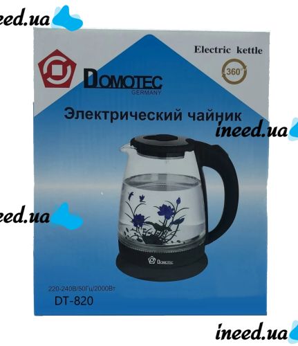 Стеклянный электрочайник Domotec MS-820 черный цветок Black 2000W 2 л, чайник электрический с подсветкой