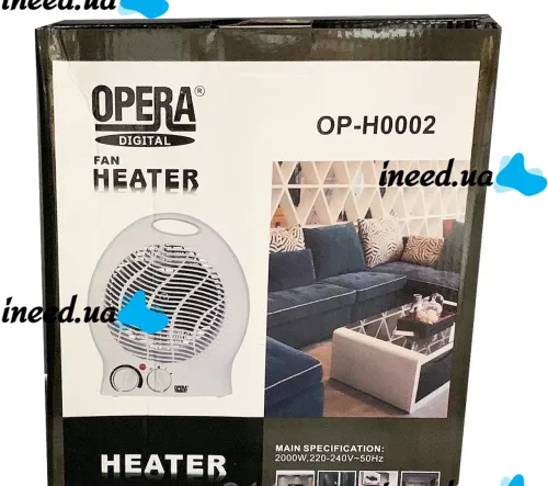 Электрический тепловентилятор Opera Digital OP-H0002 2000W дуйка 3 режима с ручкой, напольный обогреватель Опера 2000 Вт на 22 кв.м. для дома Белый
