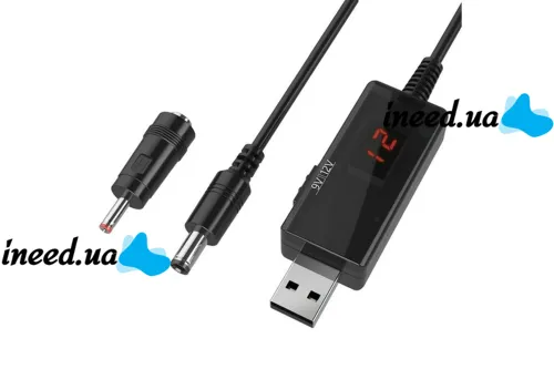 Step-up USB cable for powering a Wi-Fi router from Power Bank 5V with a 9V or 12V switch, with a 9V/12V regulator with a 3.5mm and 5.5mm adapter