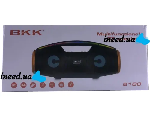 Беспроводная Bluetooth колонка динамик BKK B100 с LED подсветкой 20W с микрофоном, Аккумуляторная блютуз акустика караоке USB SD FM AUX Черная
