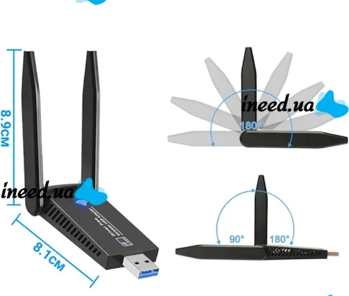 Двухдиапазонный беспроводной Wi-Fi адаптер Digital Lion UWA-05 Wifi репитер с USB 3.0 подключением 2.4 ГГц + 5 ГГц 1300 Mbps 2 антенны UWA05 Черный