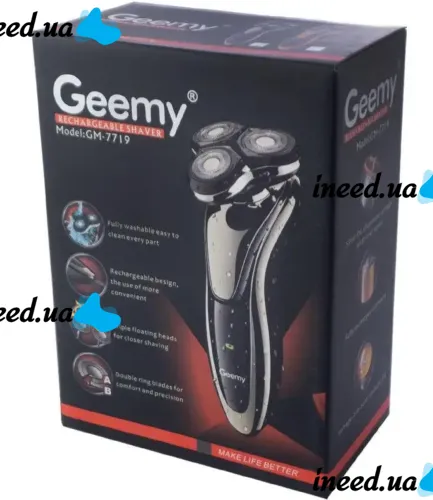 Беспроводная роторная бритва Gemei GM-7719 для влажного бритья 3W, Водонепроницаемая электробритва триммер с плавающими головками для бороды Gemmy