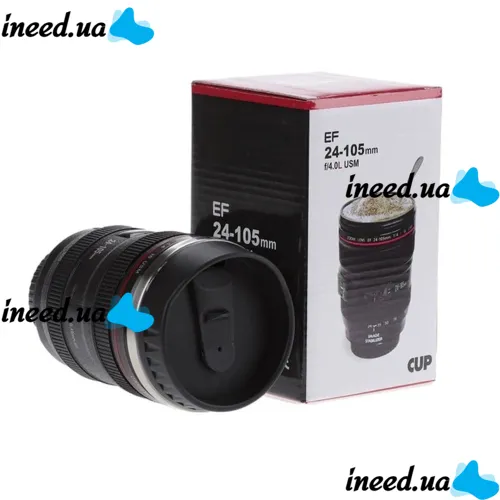 Кружка термос в виде объектива от фотоаппарата Canon EF 24-105, Термокружка объектив 350 мл, Термо чашка с крышкой, Черная