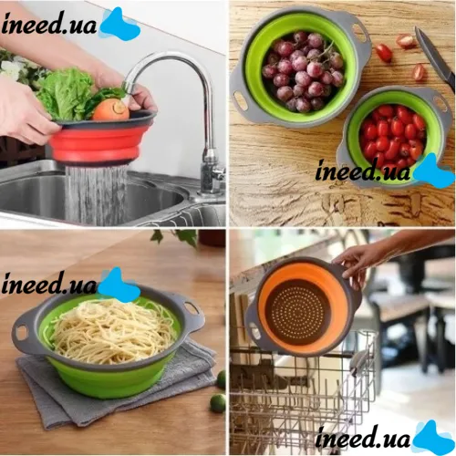 Складні силіконові кошики Kitchen Craft W-86 для овочів і фруктів, комплект з 2 штук, набір друшляків зі зливом для миття 24.5 см, 29 см