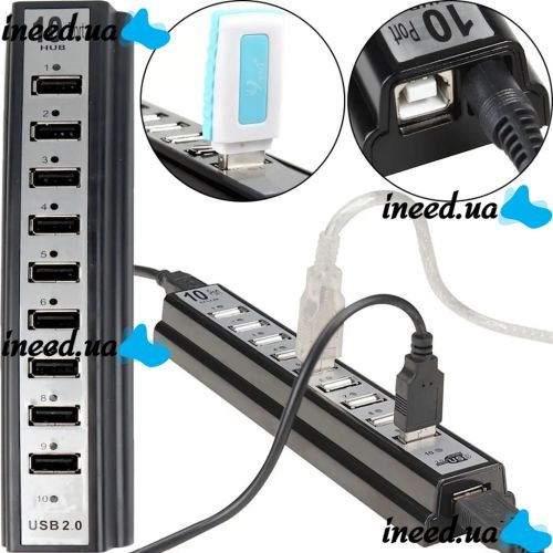 Активный USB хаб Digital YK-185 Black на 10 портов с активной зарядкой, Разветвитель с блоком питания Юсб Hub с 10 выходами для компьютера Черный